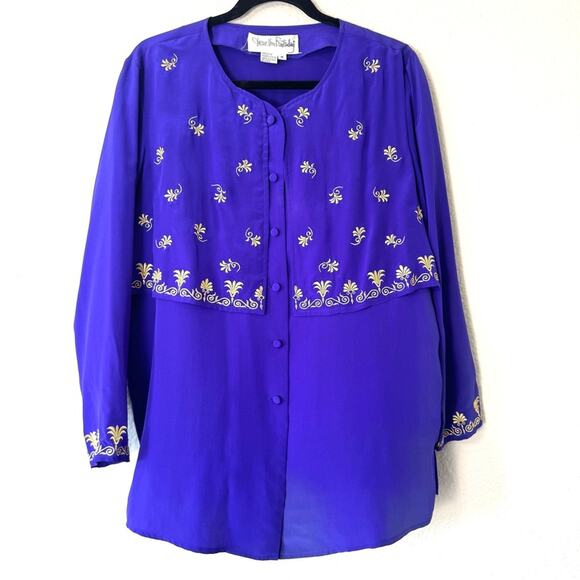 DVF Vintage Purple & Gold 100% Silk long Sleeved Blouse Size Medium - Picture 1 of 5